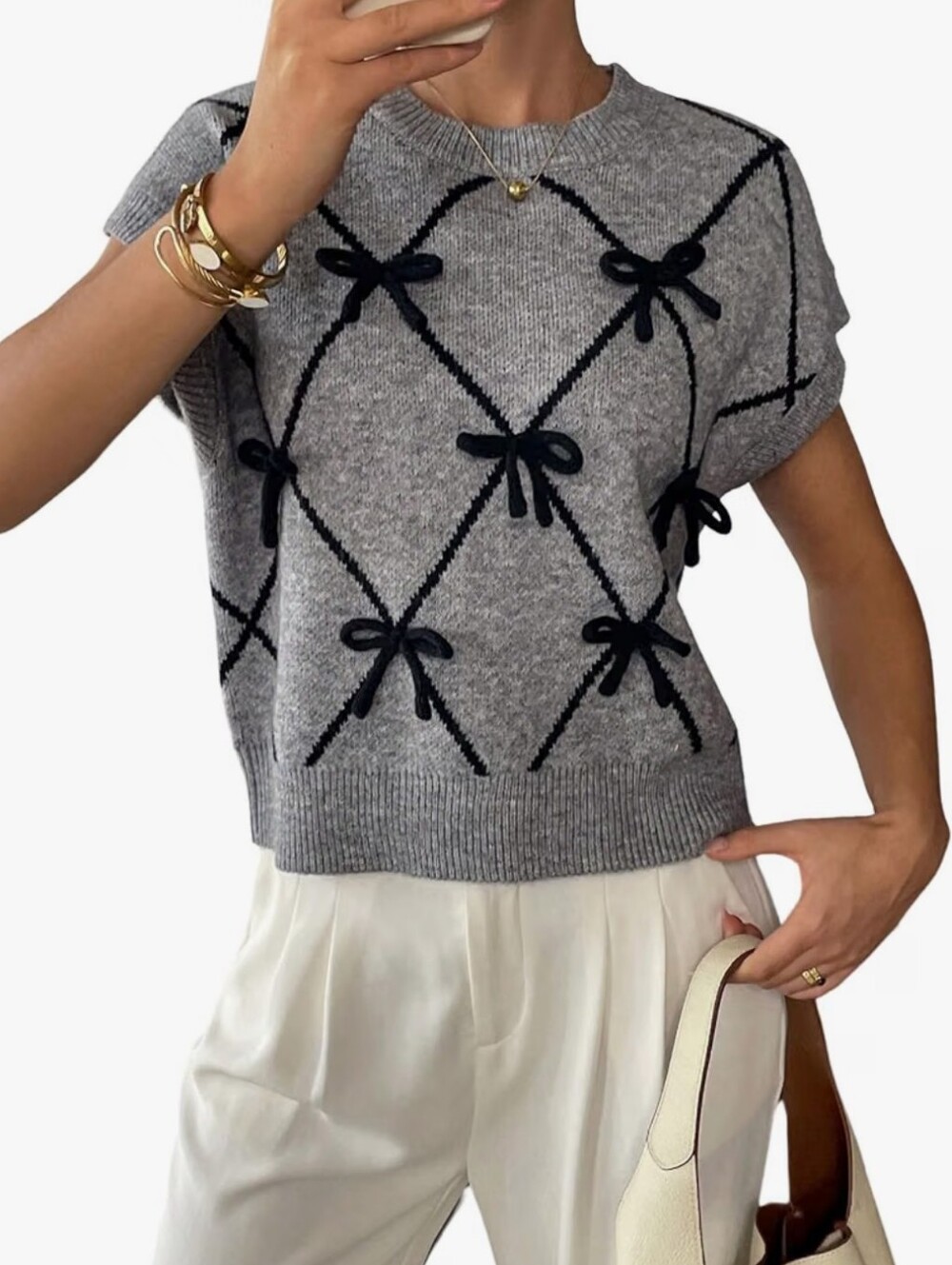 Gray Knit Short-Sleeve Sweater Top with Black Bow Detail